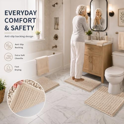 Yimobra Bathroom Rug Set 3 Piece, Super Water Absorbent Bath Mat Set, Beige - color: Beige, size: 24"x17" + 24"x20" + 30"x20"