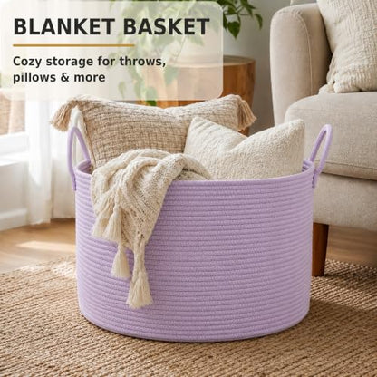 XUANGUO 66L Large Blanket Basket, Round Cotton Rope Basket, Purple - color: purple or lavendor