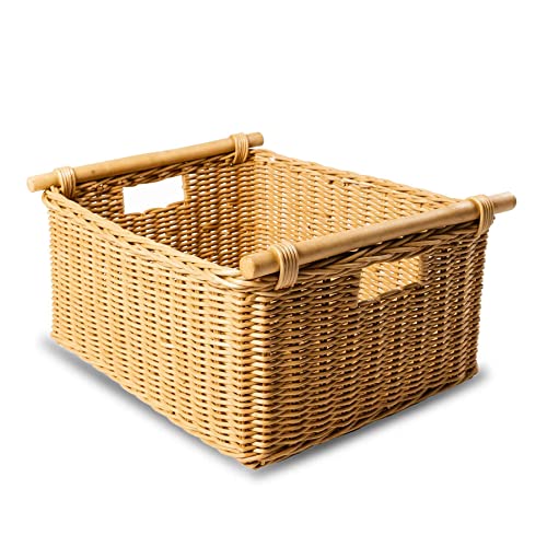 The Basket Lady Deep Pole Handle Wicker Storage Basket, M, Sandstone - color: Sandstone, size: Large