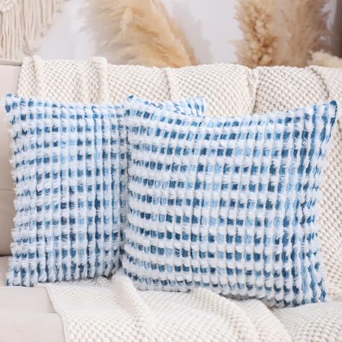 LUOYEHK Boho Throw Pillow Covers 16x16 Inch Set of 2 Chenille Tufted Pillowcase Farmhouse Neutral Cushion Covers for Couch Sofa Bed Living Room, Blue White - color: Blue White, size: 16" x 16" (Pack of 2)