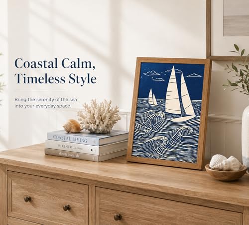 DULASI Framed Sailboat Wall Art, Japanese Blue Ocean Canvas Prints, 8x10in - color: Blue Sailboat, size: 8x10in