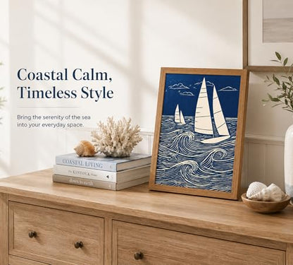 DULASI Framed Sailboat Wall Art, Japanese Blue Ocean Canvas Prints, 8x10in - color: Blue Sailboat, size: 8x10in