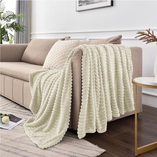 BEDELITE Ribbed Jacquard Beige Fleece Throw Blanket for Couch, 50x60 Inch - color: Beige, size: Throw(50"x60")
