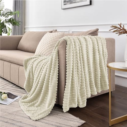 BEDELITE 3D Ribbed Jacquard Beige Fleece Twin Blanket for Couch, 60x80 Inch - color: Beige, size: Twin(60"x80")