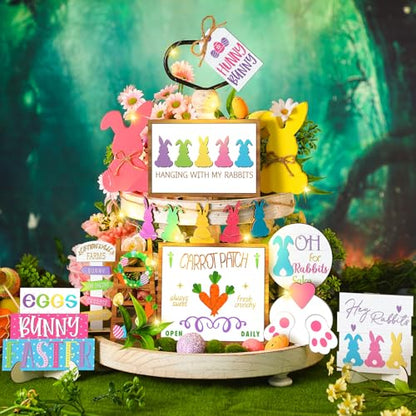 Menkxi 15 Pcs Easter Spring Tiered Tray Decor Set Bunny Wooden Table Sign Easter Tiered Tray Decorations Farmhouse Tabletop Sign for Home Kitchen(Bunny) - style: Bunny
