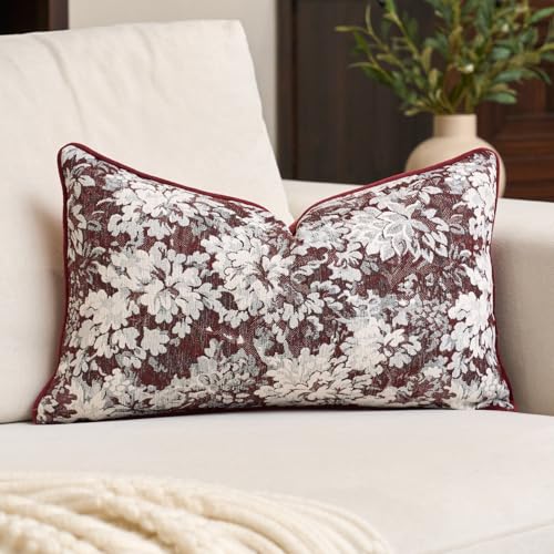 Alerfa Burgundy Neutral Floral Pillow Cover 12 x 20 Inch, Vintage Chenille Rectangle Couch Pillow Cover Soft Decorative Farmhouse Accent Pillowcase for Living Room Bedroom - color: Burgundy, size: 20" x 12" (Pack of 1)