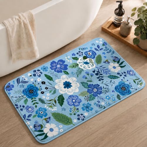 Floral Bathroom Rugs Cute Bath Mat Small, Flower Rug Non Slip Washable Bath Rugs, Soft Shower Rug for Bathtub Floor Decor - color: Floral Blue, size: 1'5" x 2'3" (Rectangular)