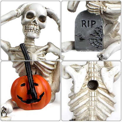 Halloween Skeleton Statue Set of 3, See Speak Hear No Evil Figurines - color: White