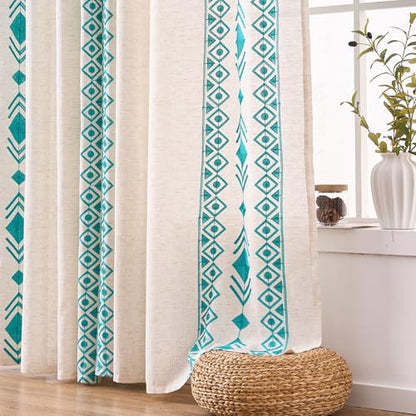 Teal Boho Linen Curtains 63 Inch 2 Panels for Living Room Bedroom - color: Geometric-teal, size: 52"W x 63"L (Pack of 2)
