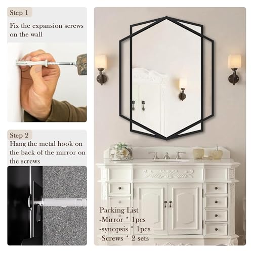 40''X30'' Hexagon Mirror Black Metal Framed Wall Mounted Geometric Bathroom Mirrors for Over Sink, Hexagon and Rectangular Mirror Vertical or Horizontal Hanging for Entryway, Living Room