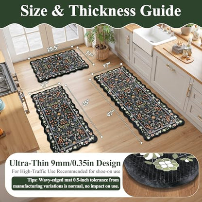 Yamaziot Boho Anti Fatigue Kitchen Rug Set of 3 Scalloped Non-Slip, Black - color: Black, size: 17.3"x29"+17.3"x35"+17.3"x47"