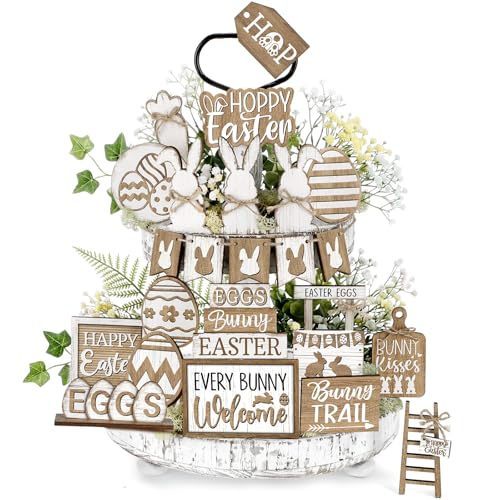 24 Pcs Easter Tiered Tray Decoration Set Easter Table Sign Farmhouse Bunny Eggs Rabbit Carrot Tabletop Centerpieces Spring Wood Blocks Signs for Spring Home Kitchen Office Holiday Party Supplies - style: Easter