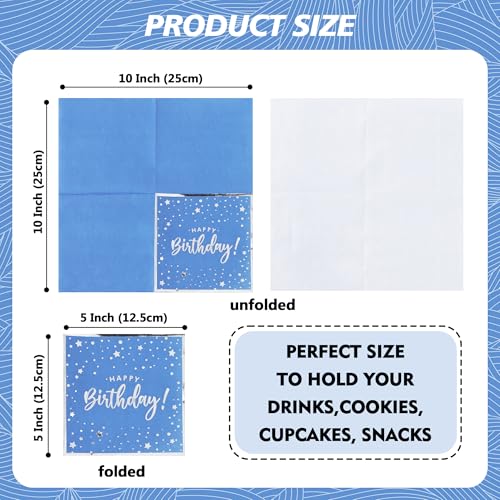 Vuzvuv 52 Pack Happy Birthday Cocktail Napkins with Confetti Silver Stamping - Birthday Party Dinner Hand Napkin for Party Supplies Decorations Table Decor for women man(5" Folded 3 Ply-Blue) - color: Confetti HBD Blue
