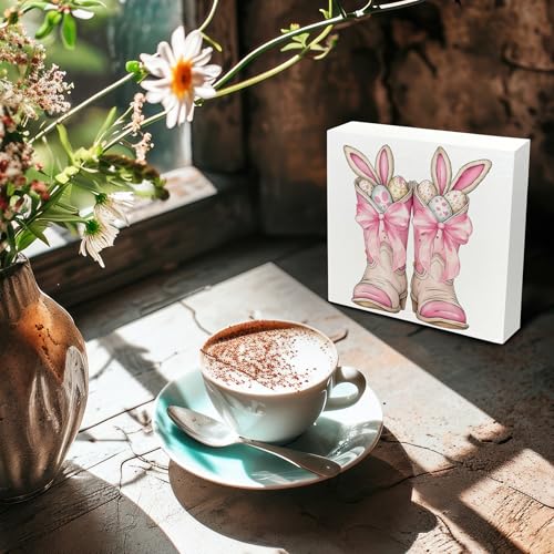 Pink Easter Wooden Signs - Easter Western Bunny Decor, Easters Decorations, Preppy Easters Desk Decor, Pink Bow Bunny Wooden Box Sign for Home Shelf Desk Table 5x5 Inch - color: Western