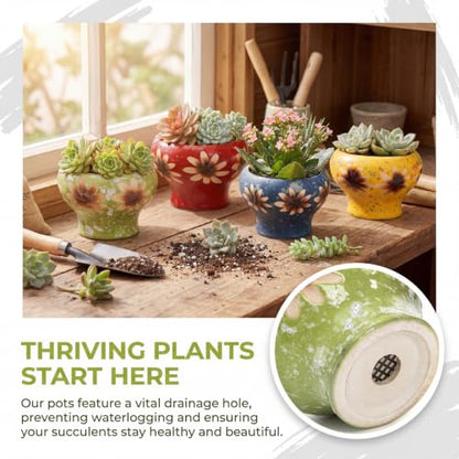 4" Small Succulent Planters with Drainage, Cute Ceramic Pot Set of 4