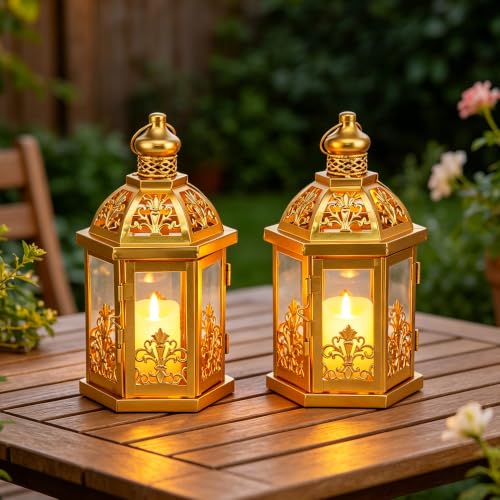 TRIROCKS Set of 2 Vintage Decorative Lanterns 9.5" H Hanging Lantern Metal Candleholder with Tempered Glass for Indoor Outdoor Home Decor Parties Garden Events Wedding(Gold) - color: 9.5" H Gold