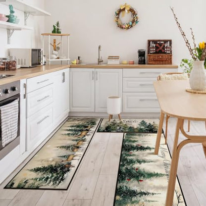 Fourluoo Sets of 3 Christmas Winter Kitchen Rugs and Mats Decor Set - color: Green
