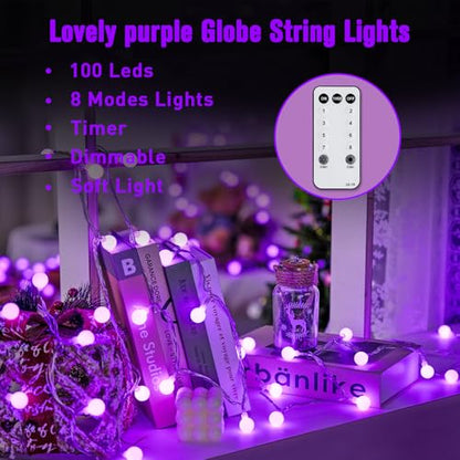JMEXSUSS Connectable 100 LED Globe Purple Halloween Lights Indoor 8 Modes - color: Purple, size: 100 LED Plug