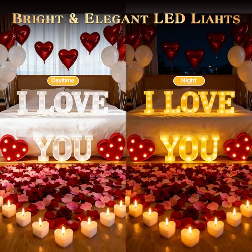 I Love You Light Up Letters Sign, with 30 Tea Lights Candles, Rose Petals, Round Pearlescent Balloon, Aluminum Balloons, Romantic Valentine's Day Wedding Engagement Birthday Party Decoration - color: I LOVE YOU