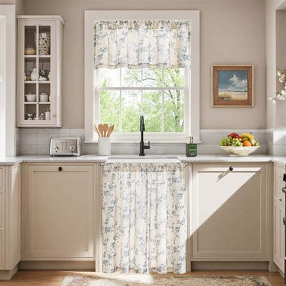 jinchan Blue Linen Floral Kitchen Tier Curtains and Valance Set 3 Pieces - color: Alisa | Blue on Linen, size: 26"W x 36"L (Pack of 3)