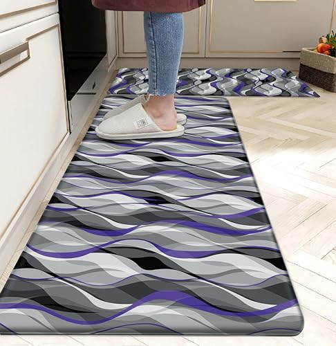 Kitchen Mats for Floor Modern Abstract kitchen rugs Grey and Purple Stripe Anti Fatigue Kitchen Mats Waterproof Floor Mats Cushioned Non-Skid Standing Mats for Kitchen, Set of 2,17.3 x 28+17.3 x 47 - color: Grey and Purple