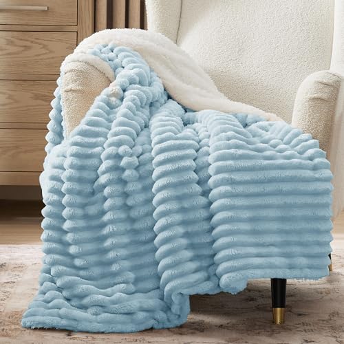 Bedsure Soft Sherpa Blanket Fluffy Throw Sky Blue 50"x60" - color: 06 - Blue, size: Throw (50" X 60")
