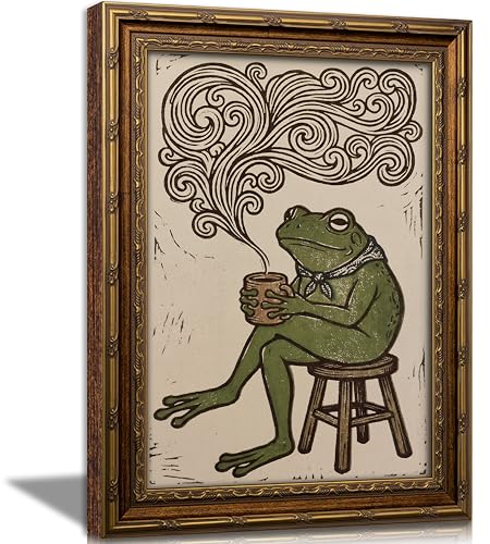 Vintage Gold Framed Frog Wall Art, Funny Frog Drinking Coffee Canvas Print, Whimsical Animal Wall Decor, Cottagecore Picture Poster, Rustic Farmhouse Artwork for Nursery Bedroom Living Room - color: Frog, size: 24''Lx16''W