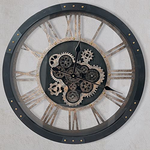 24" Large Wall Clock with Moving Gears,Oversize Vintage Industrial Rustic Farmhouse Clocks for Living Room Decor Office Home,Solid Wood HD Tempered Glass Cover,Vintage Black - color: Vintage Black, size: 60cm / 24 inch