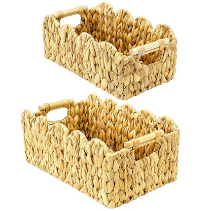 2Pack Scalloped Edge Wicker Basket,Hand-Woven Rattan Baskets with Wooden Handles,Natural Water Hyacinth Basket for Laundry,Shelves,Decorative Basket