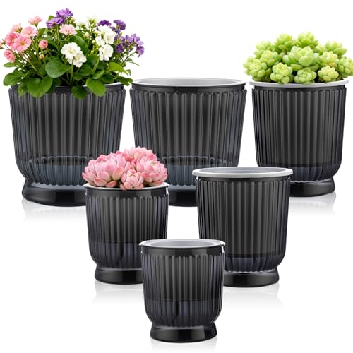 Set of 6 Self Watering Plant Pot 3 Sizes Plastic Double Layer Self Watering Flower Pot with Multi Mesh Drainage Holes Wicking Reservoir for Indoor Outdoor Garden Plants(Black) - color: Black