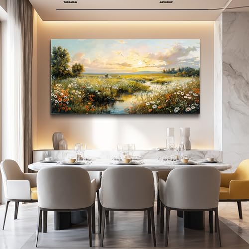 XIGUANGART Nature Landscape Wall Art, Sunset Wildflowers Pictures 20X40 In - color: Pastoral Scenery Paintings, size: 40"L x 20"W