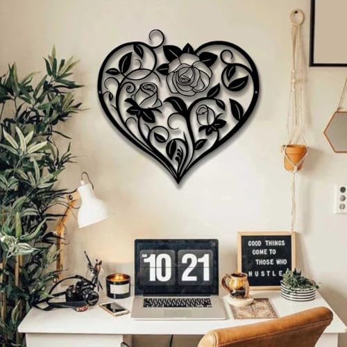 Heoclao Heart Rose Metal Wall Art, Romantic Black Iron Sculpture with Rose Design, Floral Home Decor for Bedroom, Living Room or Wedding - 11.81 Inch