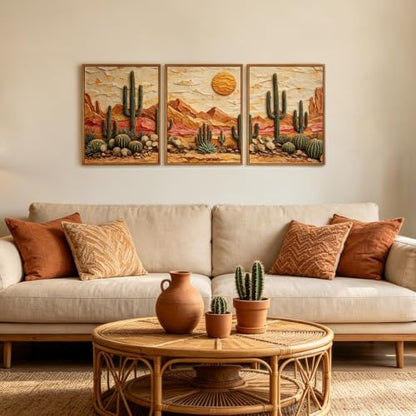 Aurlan 3D Textured Cactus Arizona Desert Framed Canvas Wall Art 12x16 Inch - color: Cactus Desert (3D Textured), size: 12"L x 16"W