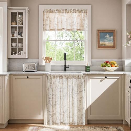 jinchan Taupe Linen Floral Kitchen Tier Curtains and Valance Set 3 Pieces - color: Alisa | Taupe on Linen, size: 26"W x 36"L (Pack of 3)