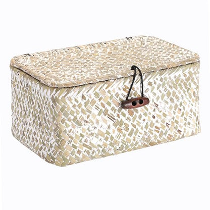 Handwoven Seagrass Basket Small Wicker Basket with Lid,7x4.3x 3.3" - color: Whitewash color, size: 7.0"L x 4.3"W x 3.3"H