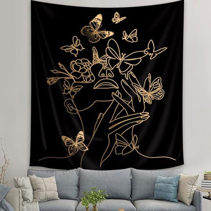 Simple Woman Tapestry Flower Butterfly Line Aesthetic Modern Wall Hanging - color: Black Simple Woman, size: 59"L x 51"W