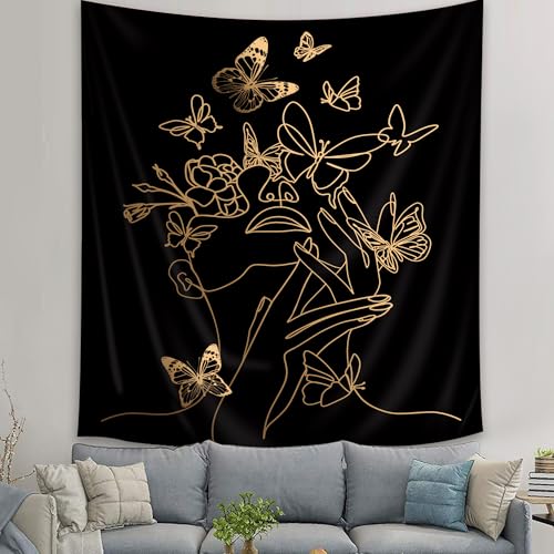 Simple Woman Tapestry Flower Butterfly Line Aesthetic Modern Wall Hanging - color: Black Simple Woman, size: 59"L x 51"W