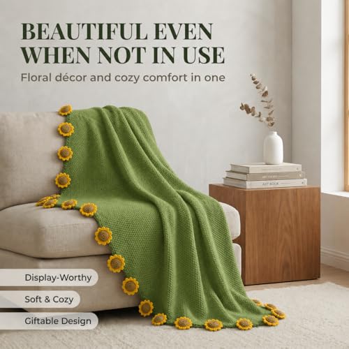 Sunflower Crochet Flower Bouquet Blanket, Handmade Knitted Throw Blanket - color: Green Sunflower, size: Medium