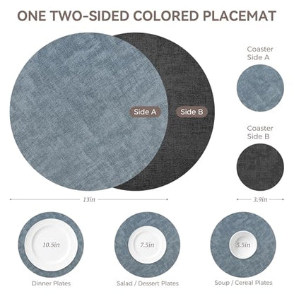 NCUE 13" Faux Leather Round Placemats Set of 4, Reversible Dual-Color - color: Deep Gray Light Blue