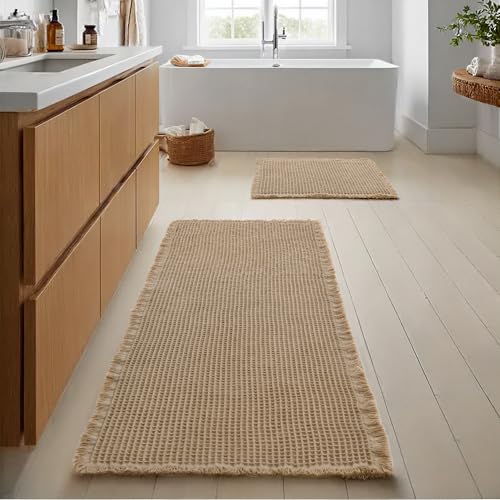 JIUZHEN Set of 2 Waffle Bathroom Rugs Non Slip Bath Mats, 16"x24"+24"x60" - color: Brown, size: 16"x24" + 24"x60"