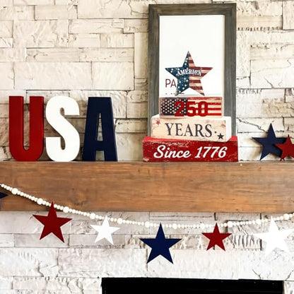 Amyhill 250th Anniversary Decorations Patriotic Wood Block Signs Table Centerpiece 1776-2026 Stars Stripes Tiered Tray Decor for 4th of July Independence Day Home Kitchen Office - style: American Star