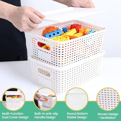 Ohmlove 8 Pack Plastic Storage Baskets with Lids for Organization - color: White