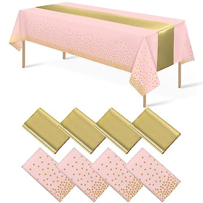 8Pack Disposable Plastic Tablecloths and Satin Table Runner Set Pink and Gold Dot Tablecloth Gold Satin Table Runner for Wedding Birthday Baby Shower Anniversary Christmas New Year Party Supplies - color: Pink and Gold, size: 8 Pack