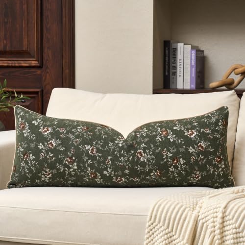 Spring Flower Lumbar Throw Pillow Cover 14x36 Inches Green Vintage Floral Pillow Cover Farmhouse Summer Cushion Cover Leaf Retro Pillowcase Home Decor for Sofa Living Room Couch - color: Sage Green, size: 36" x 14" (Pack of 1)