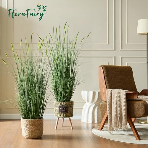 Faux 4ft 2-Pack Horsetail Reed Grass with Green Spikes in Black Pot - color: Green