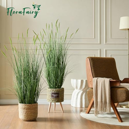 Faux 4ft 2-Pack Horsetail Reed Grass with Green Spikes in Black Pot - color: Green
