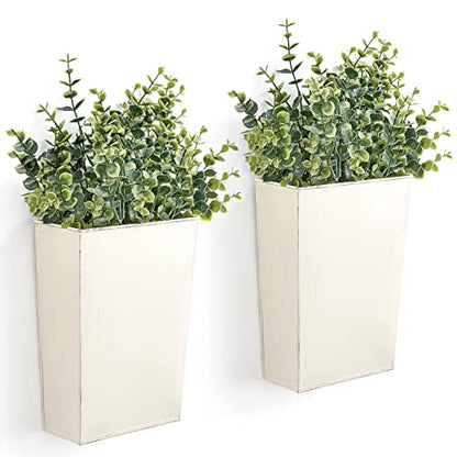 Dahey 2 Packs Metal Wall Planter Vase with Artificial Eucalyptus, Farmhouse Wall Decor Hanging Fake Plants Flowers Holder for Country Rustic Bedroom Bathroom Living Room Kitchen Decoration, White