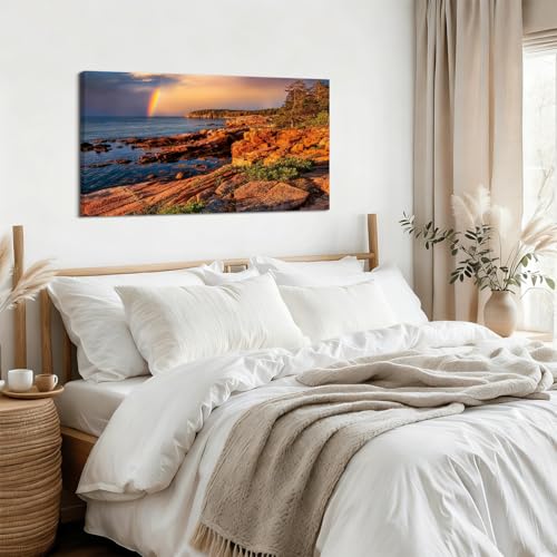 Coastal Rocky Beach Wall Art Sunset Rainbow Seaside Scene Wall Decor for Living Room Nature Painting Canvas Prints Seascape Ocean Wave Picture National Park Poster Bedroom Office Decorations 20x40" - color: Field03, size: 40"L x 20"W