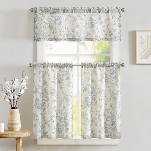 jinchan Blue Floral Linen Kitchen Tier Curtains and Valance Set 3 Pieces - color: Alice | Blue on Linen, size: 26"W x 36"L (Pack of 3)