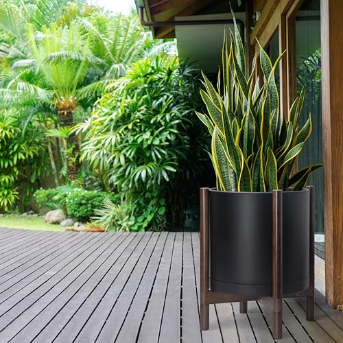 D'vine Dev Plastic Pot with Walnut Wood Stand, Black, 16 in, 55-C-X-2 - color: Matte Black Pot + Walnut Color Stand, size: 16 Inch
